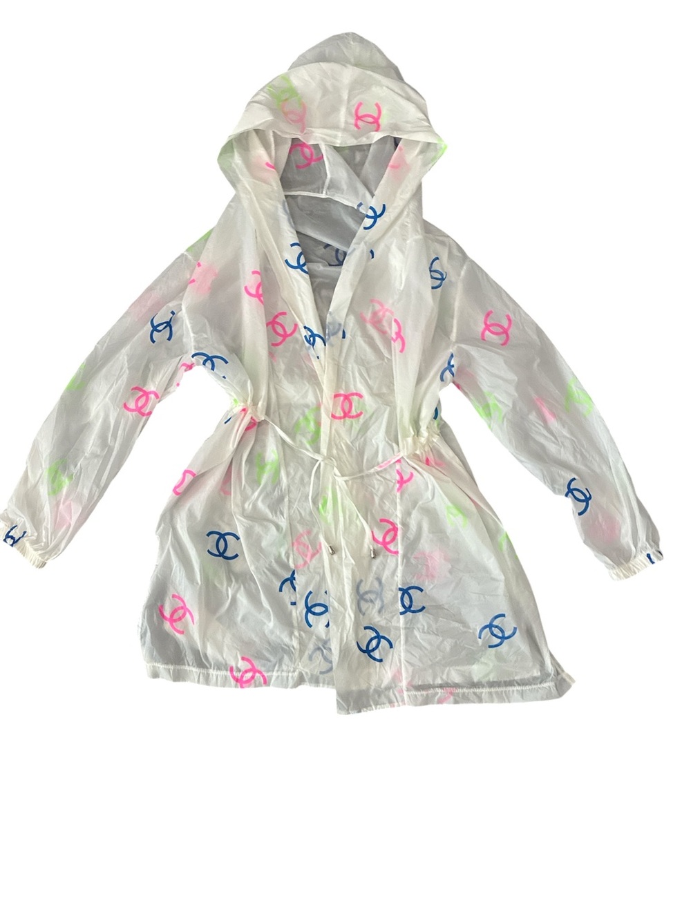 White Hooded Rain Jacket with Pink & Blue Logo Prints